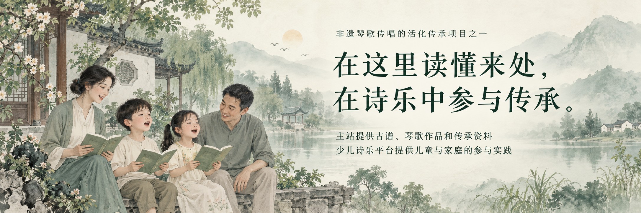 非遗琴歌传唱的活化传承项目之一。在这里读懂来处，在诗乐中参与传承。主站提供古谱、琴歌作品和传承资料，少儿诗乐平台提供儿童与家庭的参与实践。诗乐传习主题插画。